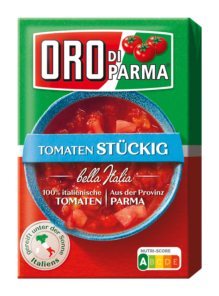 Chopped tomatoes from ORO di Parma in a 400g Combibloc.