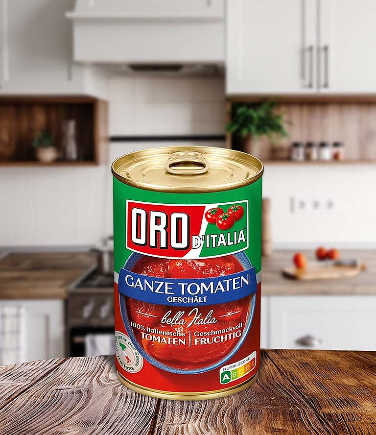 Whole peeled tomatoes from ORO d´Italia in a 425ml can.