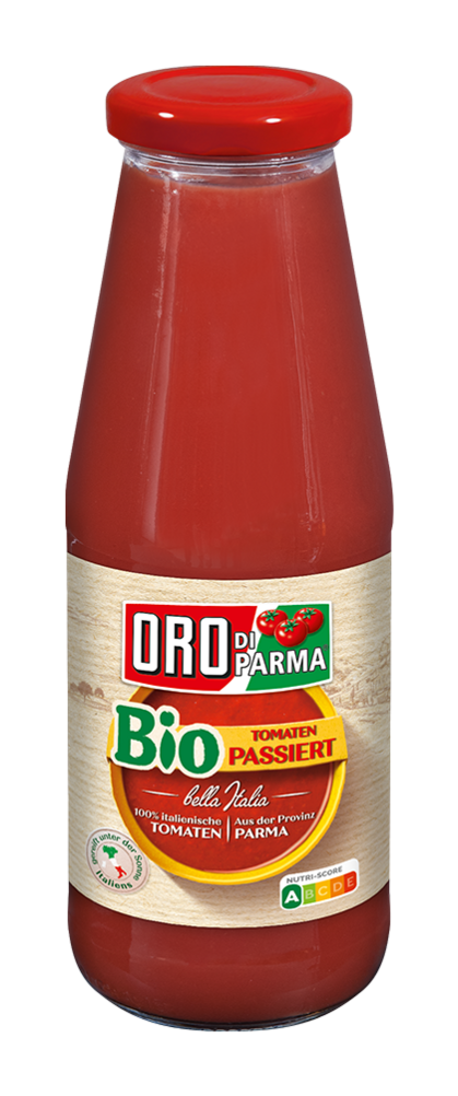 Organic strained tomatoes in a glass bottle