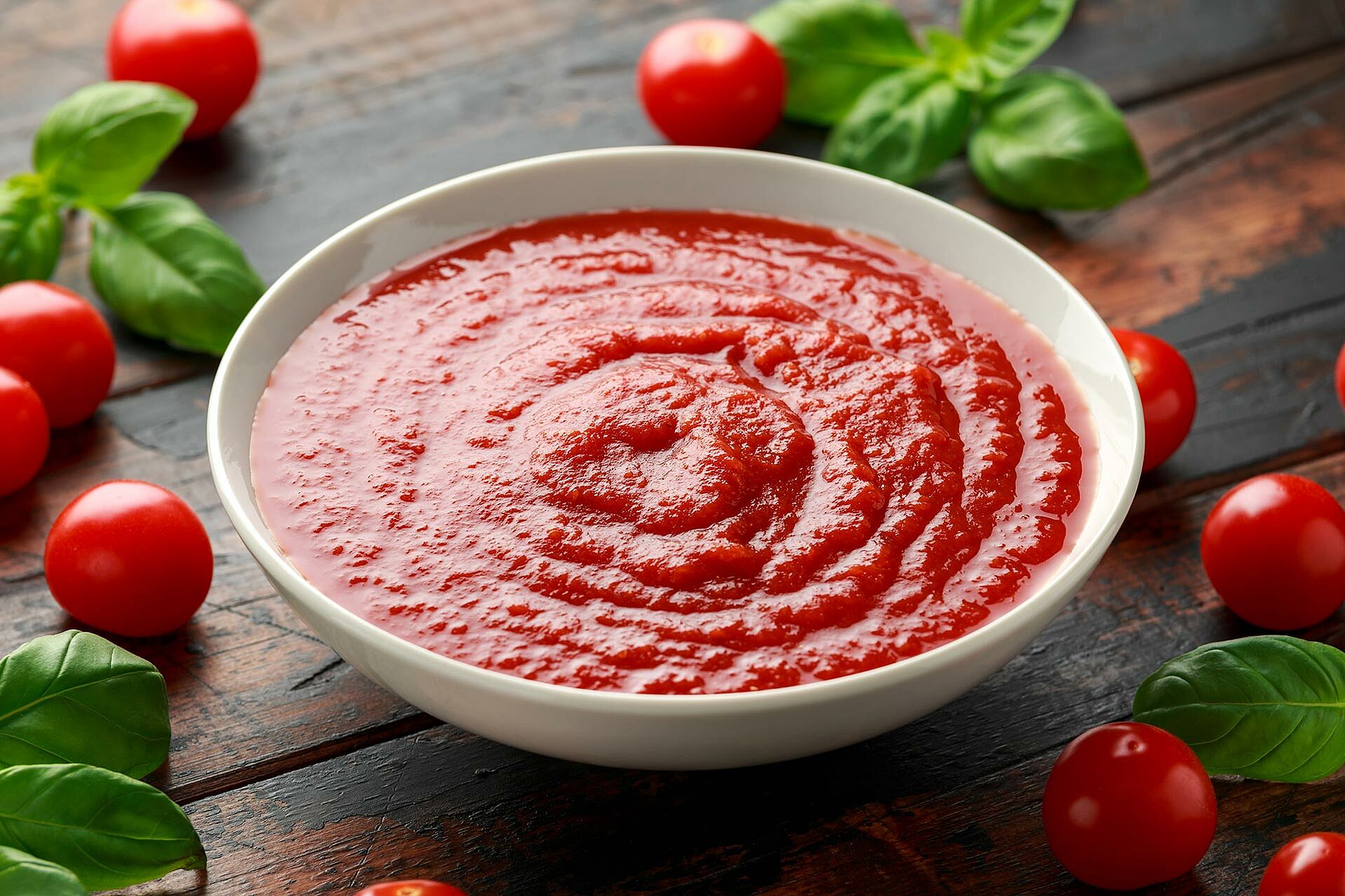 Tomato sauce in a white bowl.