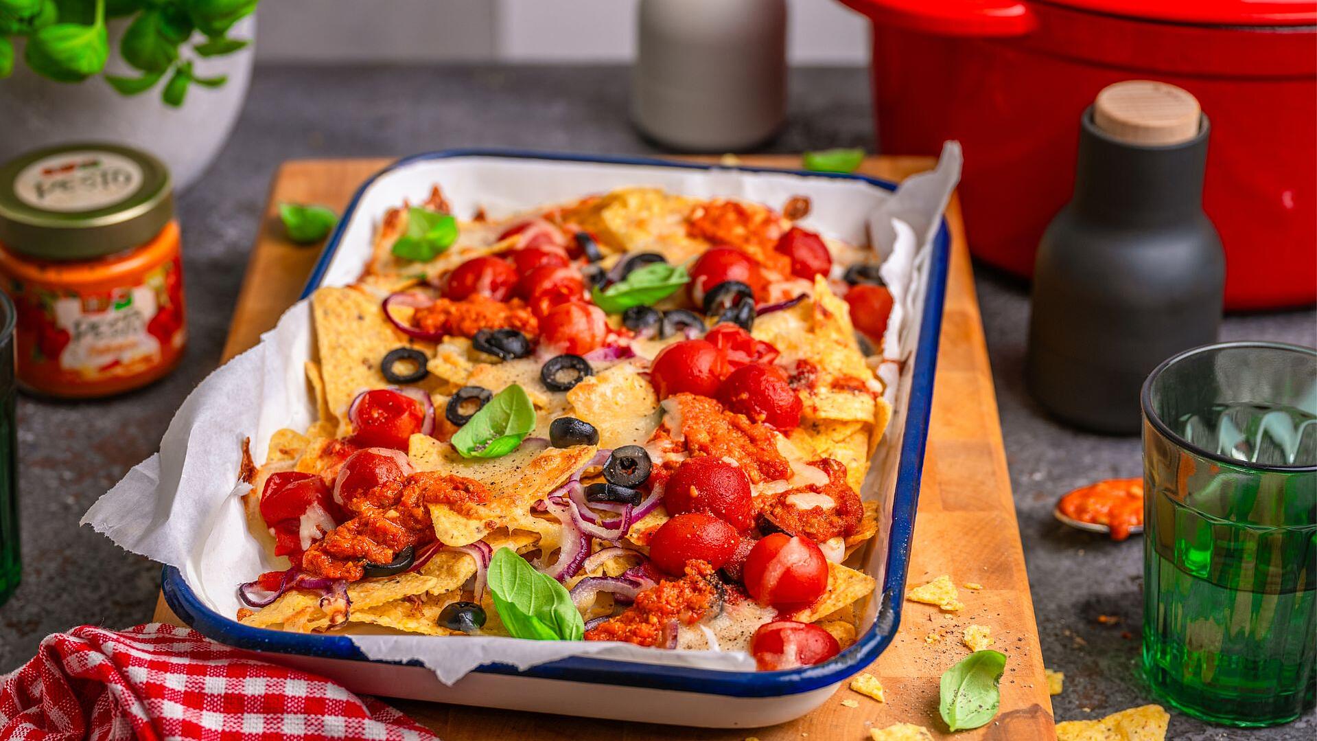 Loaded Nachos from the Air Fryer with Pesto Calabrese