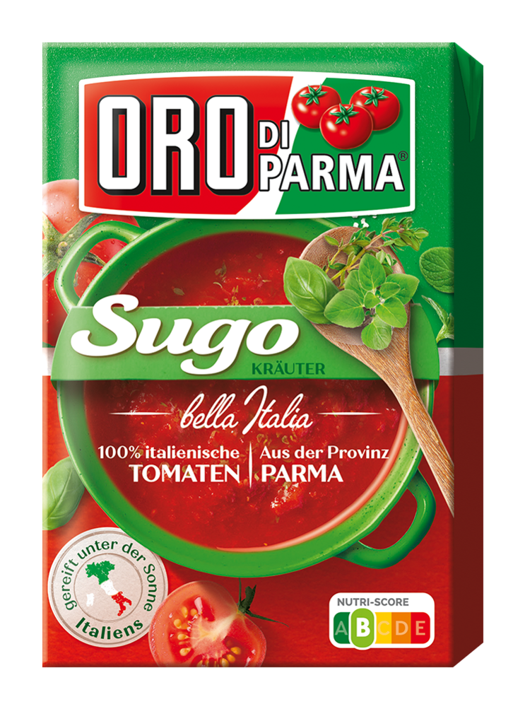 Sugo tomato sauce with herbs from ORO di Parma in a 400g Combibloc.