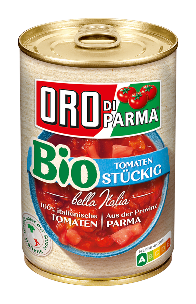 Chopped organic tomatoes from ORO di Parma in a 425ml can.