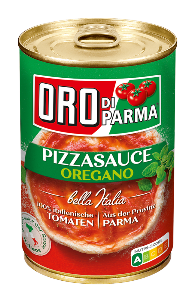 Pizza sauce with oregano from ORO di Parma in a 425ml can.