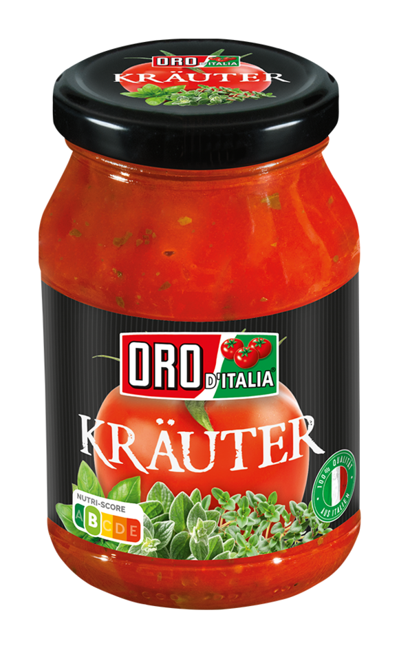 Tomato sauce with herbs from ORO d´Italia in a 400g glass.