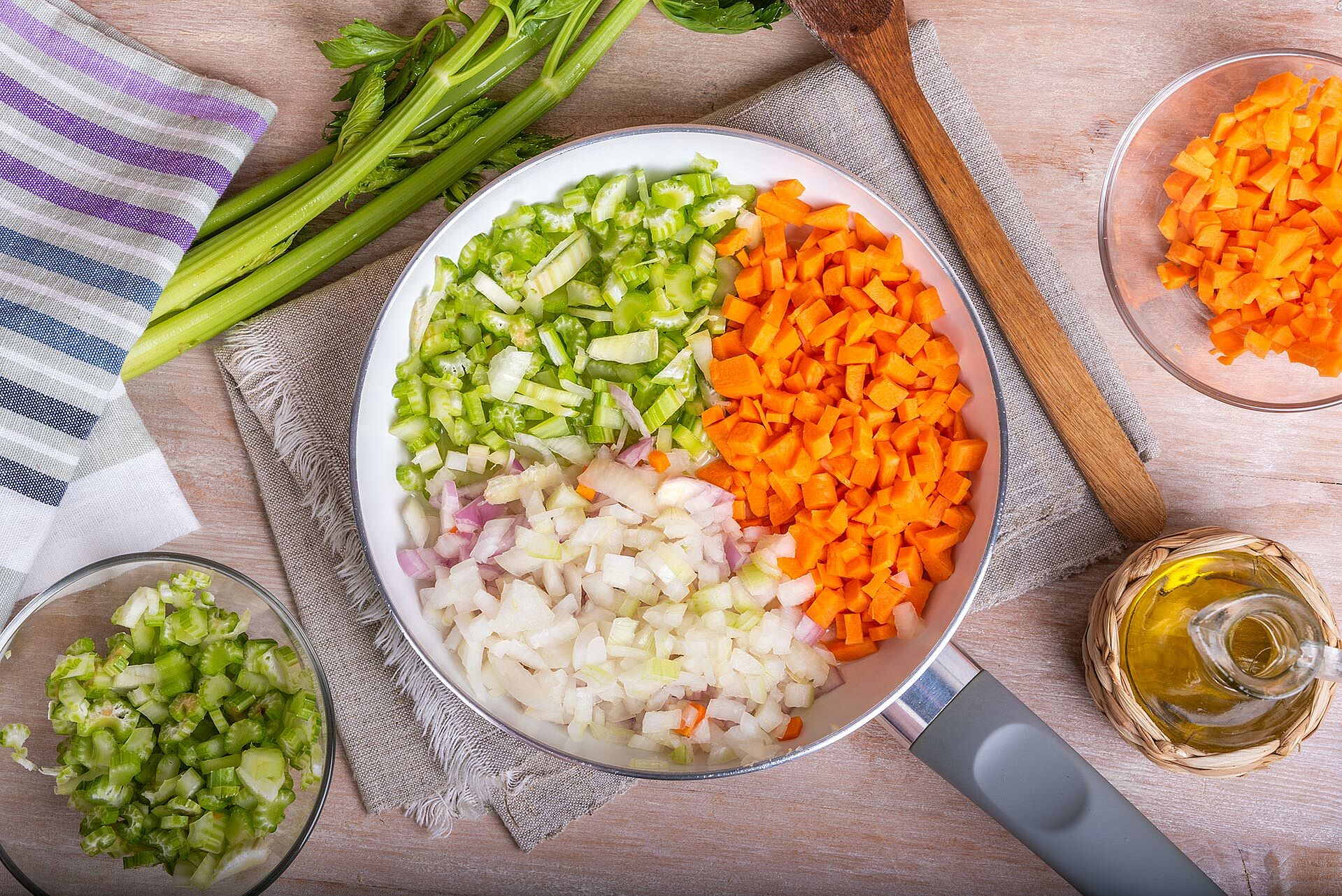 Carrots, celery and onions in a pan.