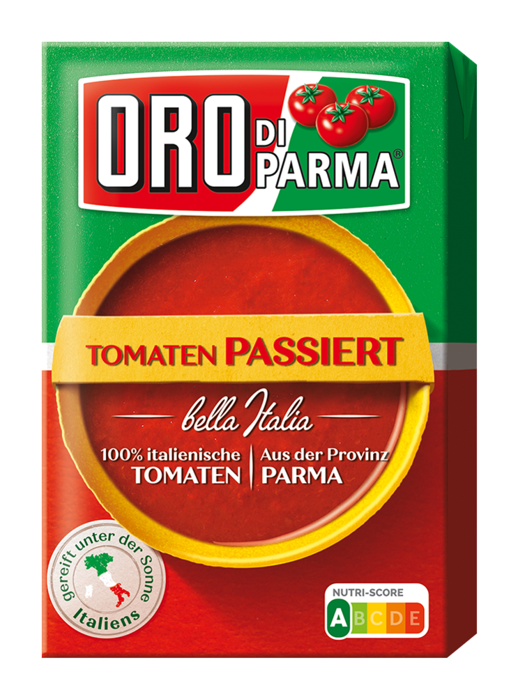 Strained tomatoes from ORO di Parma in a 400g combibloc.
