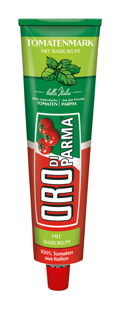 Tomato paste with basil from ORO di Parma in a 200g tube.