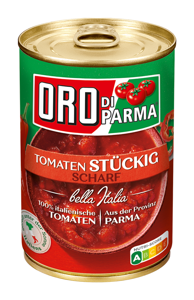 Hot chopped tomatoes from ORO di Parma in a 425ml can.