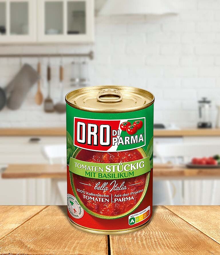Chopped Tomatoes with Basil from ORO di Parma in a 425ml can.