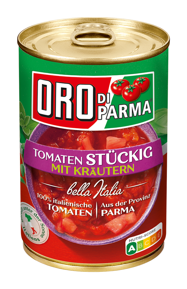 ORO di Parma chopped tomatoes with herbs in an ORO di Parma can