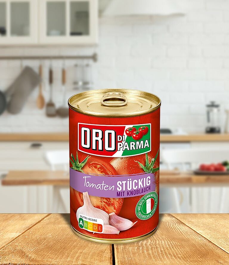 Chopped Tomatoes with garlic from ORO di Parma in a 425ml can.