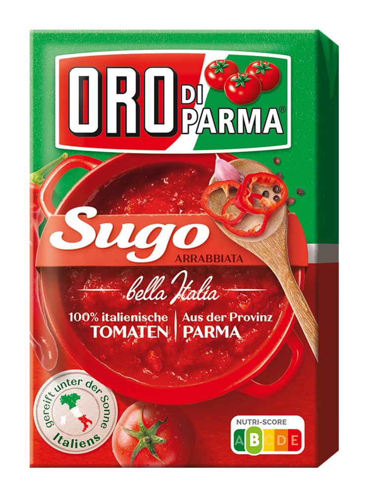 Sugo tomato sauce Arrabbiata from ORO di Parma in a 400g Combibloc.