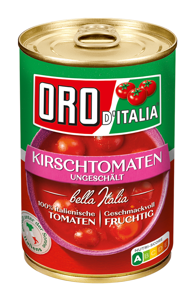 Unpeeled cherry tomatoes from ORO d´Italia in a 425ml can.