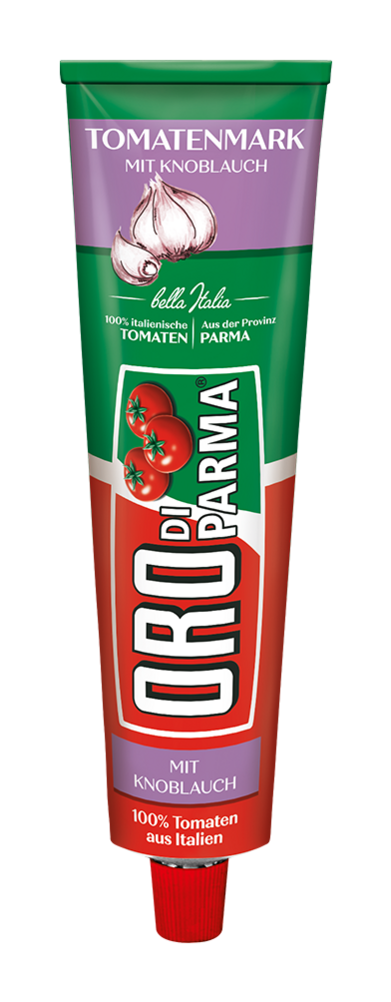 Tomato paste with garlic from ORO di Parma in a 200g tube.
