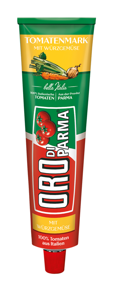 Tomato paste with seasoned vegetables from ORO di Parma in a 200g tube.