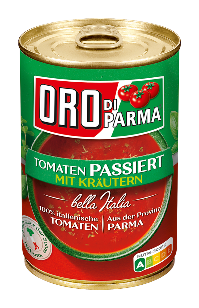 Strained tomatoes with herbs from ORO di Parma in a 425ml can.