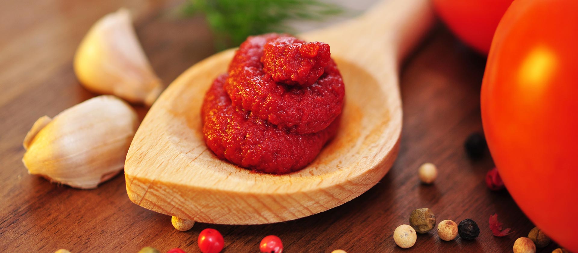 Tomatenmark auf einem Holzlöffel - Knoblauch und Tomaten liegen daneben