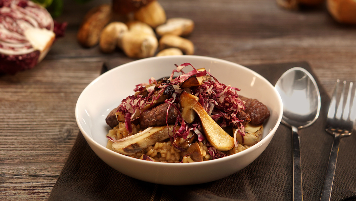 Porcini Mushroom Risotto with Beef, Radicchio, and Balsamic Vinegar