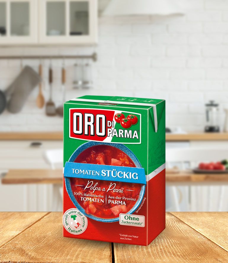 Chopped tomatoes from ORO di Parma in a 400g Combibloc.