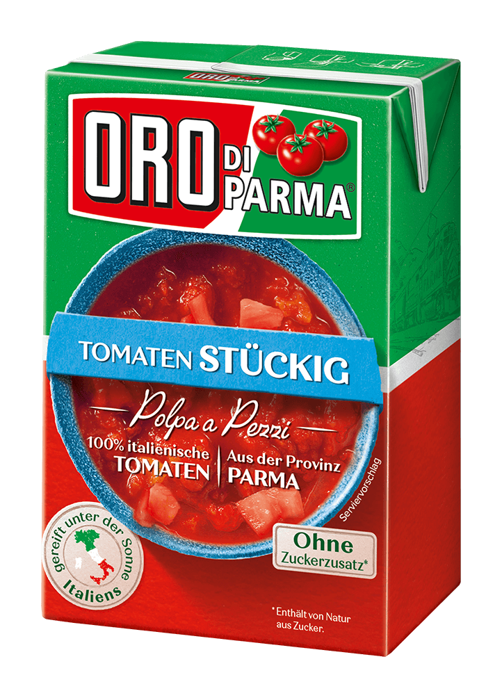 Chopped tomatoes from ORO di Parma in a 400g Combibloc.