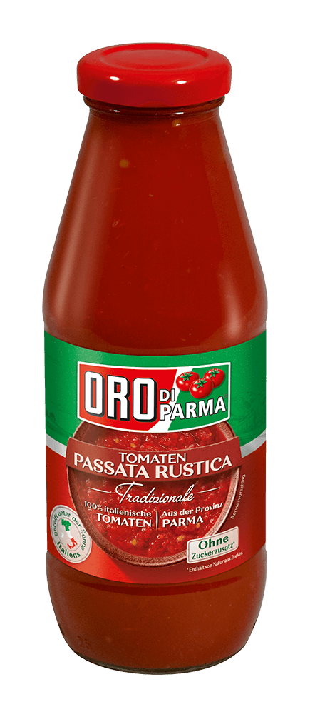 Passata Rustica from ORO di Parma in a 400ml glass bottle.