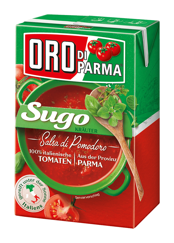 Sugo tomato sauce with herbs from ORO di Parma in a 400g Combibloc.