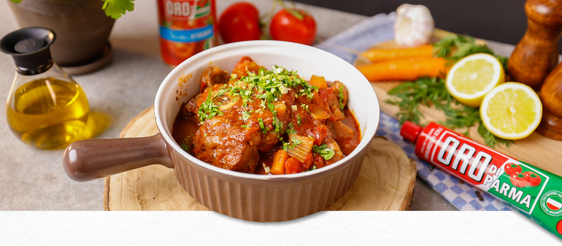 Ossobuco alla milanese in a brown bowl.
